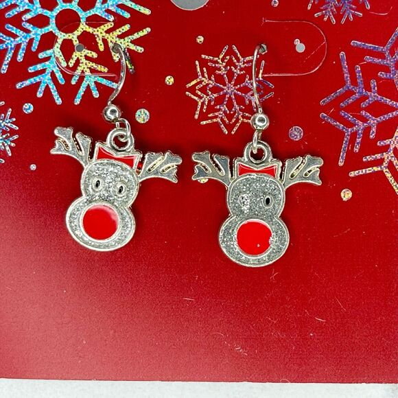 Glitter Rudolph Reindeer Christmas Dangle Earrings Pierced Pair - Picture 1 of 7